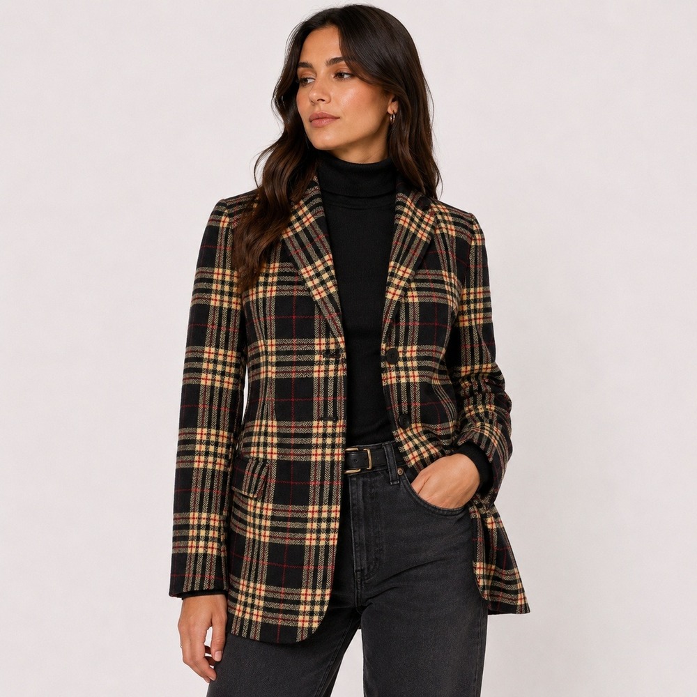 Jil Sander+ Plaid Wool Cashmere Blazer Women 38 IT Black Tan Red Italian Luxuryβ